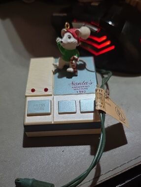White and Light Blue Holiday Mouse Ornament - Santa's Answering Machine 1992